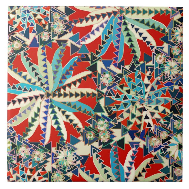Tribal Mandala Print, Red, Blue and Cream Kakelplatta (Framsidan)