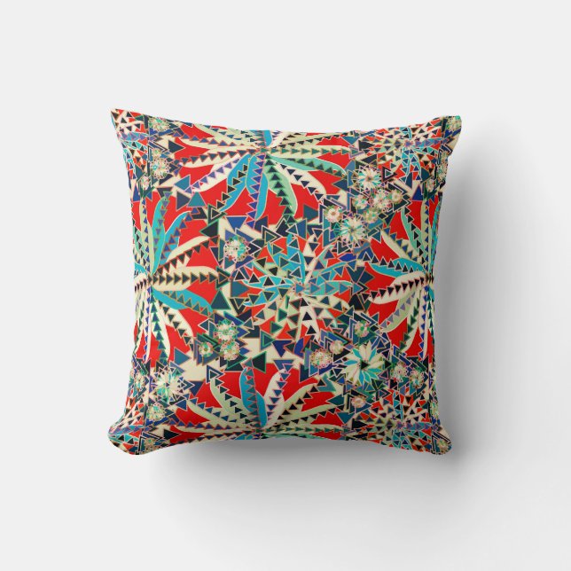 Tribal Mandala Print, Red, Blue and Cream Kudde (Framsida)