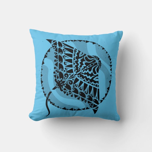 Tribal Manta Ray Blue Dekorativ kudde (Framsida)