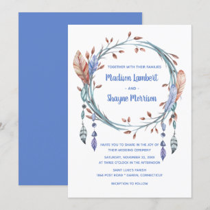 Tribal Native American Blue Feathers Boho Bröllop Inbjudningar