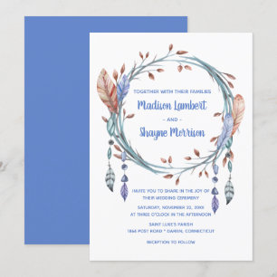 Tribal Native American Blue Feathers Boho Bröllop Inbjudningar