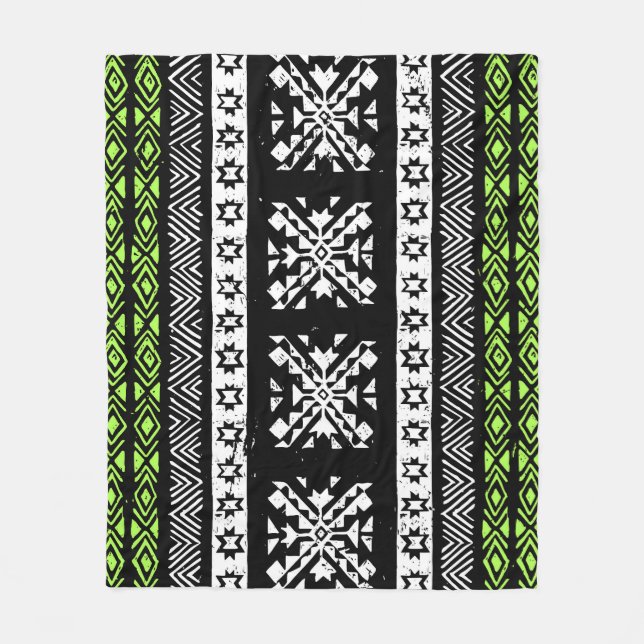 Tribal Navajo, svartvit grönt mönster. Fleecefilt (Framsidan)