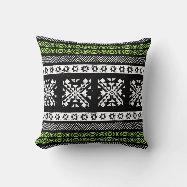 Tribal Navajo, svartvit grönt mönster. Kudde (Framsida)