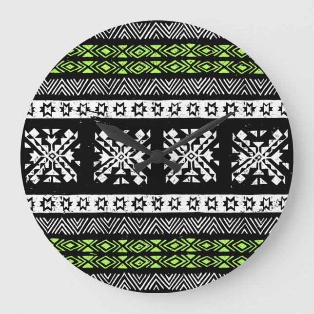 Tribal Navajo, svartvit grönt mönster. Stor Klocka (Framsida)