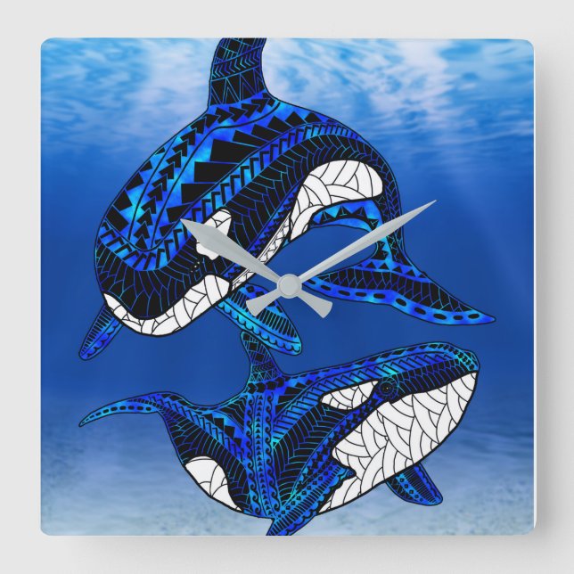 Tribal Orca Killer Whales Fyrkantig Klocka (Framsida)