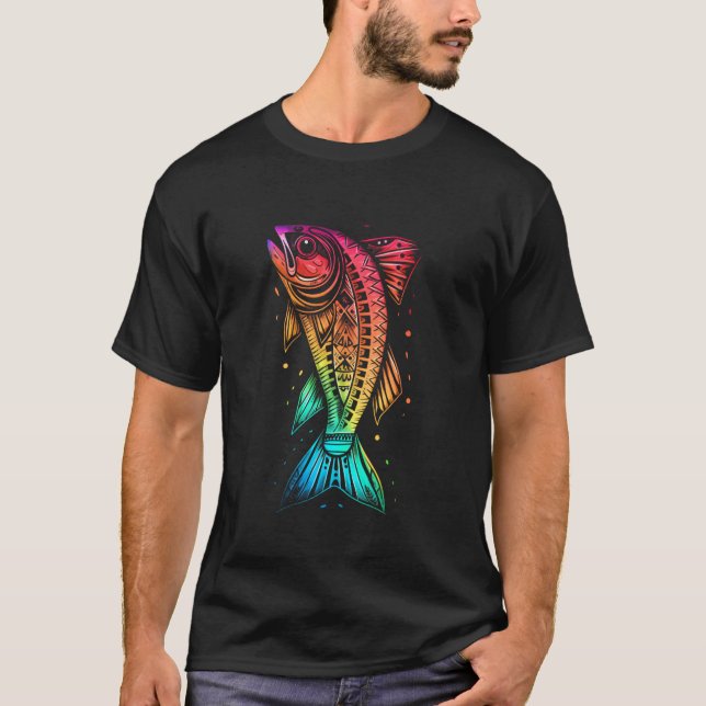 Tribal Regnbåge Psykedelisk Fisk T Shirt (Framsida)