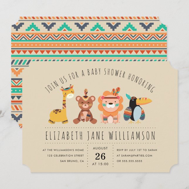 Tribal Safari Animals | Boy Baby Shower Party Inbjudningar (Fram/baksida)