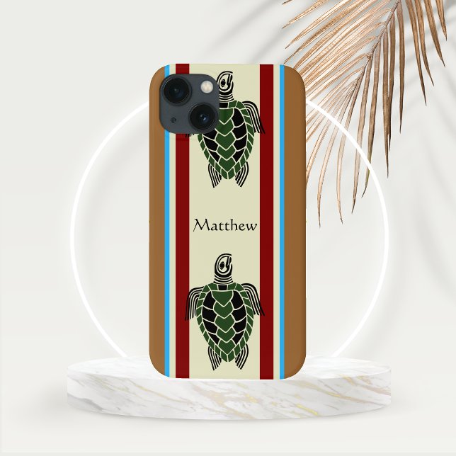Tribal Sea Turtles med Verticle Rand (Tribal Turtle Design with Vertical Stripes and Custom Text Line Phone Case)