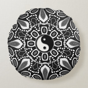 Tribal svart vit Yin Yang geometrisk rund kudde