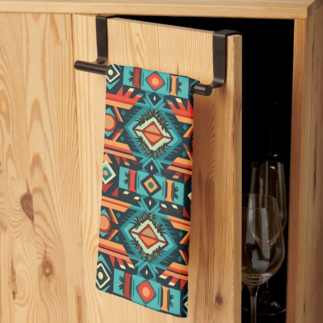 Tribal sydvästlig mönster blå och orange kökshandduk (Thirds Fold)