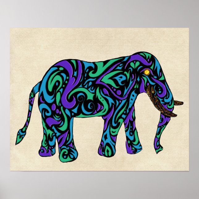 Tribal Tattoo Elephant in Lila Blue and Grönt Poster (Framsidan)