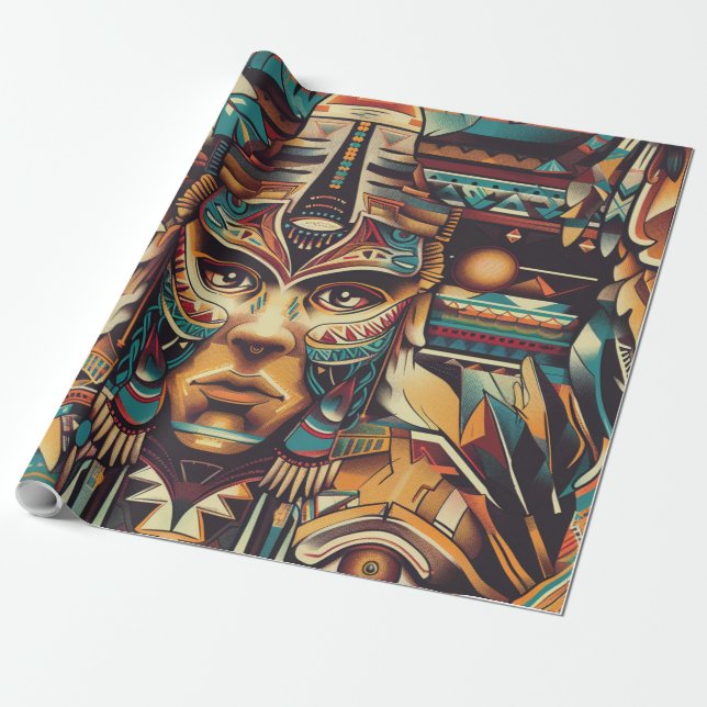 Tribal Teal ’Mesoamerican Motif’ Matte Wrapping Pa Presentpapper (Utrullad)