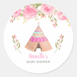 Tribal Teepe Rosa Blommigt Baby Shower Runt Klistermärke