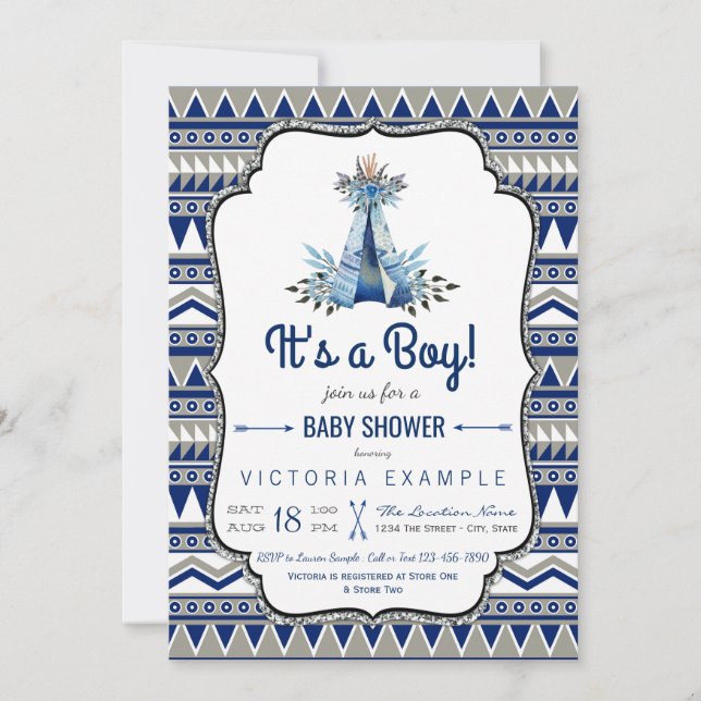 Tribal Teepee Blå Grå Pojkar Boho Babyfirande Inbjudningar (Framsida)