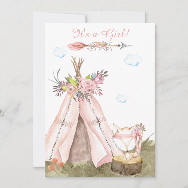 *~* Tribal Teepee . Boho Woodland Forest Girl Fox Inbjudningar (Framsida)