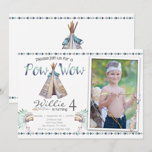 Tribal Teepee Pow Wow Födelsedagsfest inbjudan (Fram/baksida)
