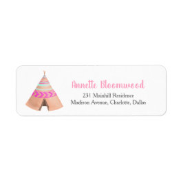 Tribal Teepee Rosa Baby Shower Returadress Etikett