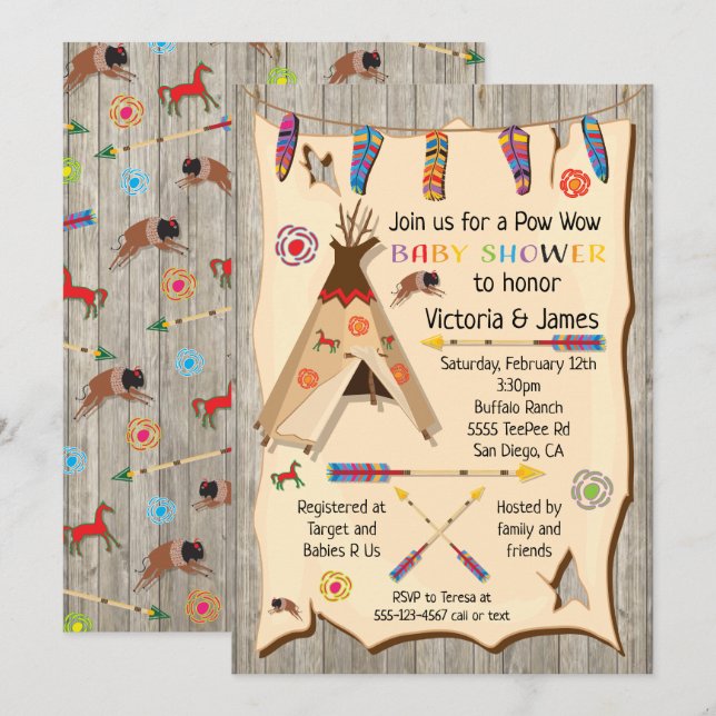 Tribal Teepy Pow wow Babydusch Inbjudningar (Fram/baksida)