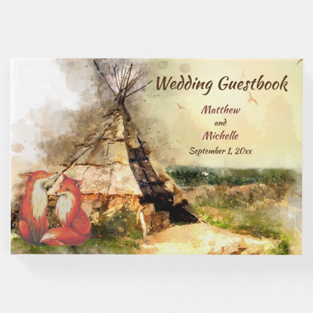 Tribal Tipi och Foxes i Kärlek Boho Teepee Bröllop Gästböcker (Framsida)