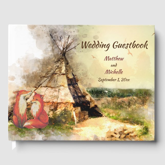 Tribal Tipi och Foxes i Kärlek Boho Teepee Bröllop Gästböcker (Framsida)