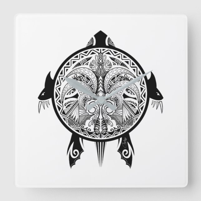 Tribal Turtle Shield Tattoo Fyrkantig Klocka (Framsida)