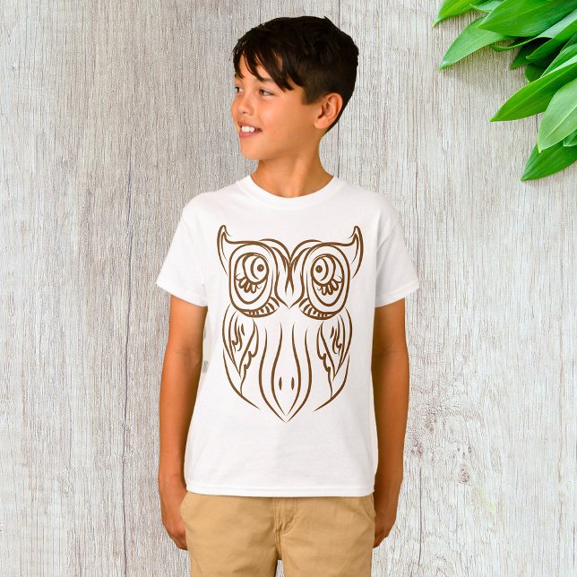 Tribal Uggla Line Art Modern Brown Abstrakt T Shirt (Skapare uppladdad)