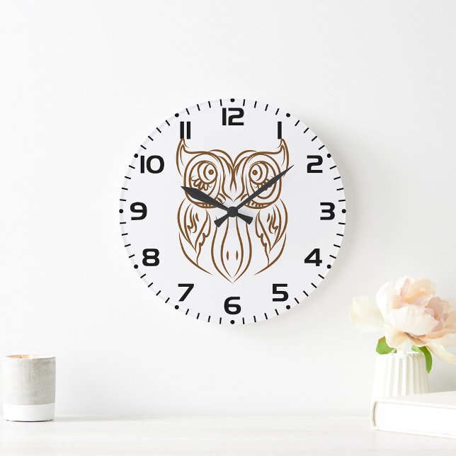 Tribal Uggla Linje Konst Modern Brun Abstrakt Stor Klocka (Skapare uppladdad)