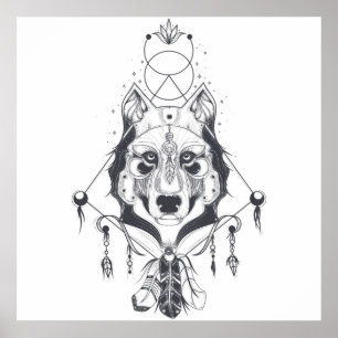 Tribal Varg Animal in Black & White Poster