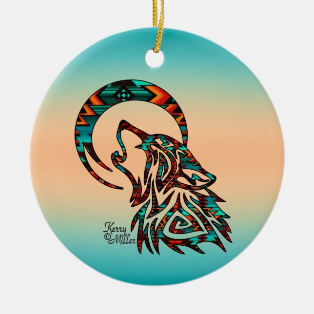 Tribal Varg Howling vid Måne Ceramic Ornamic Julgransprydnad Keramik (Framsidan)