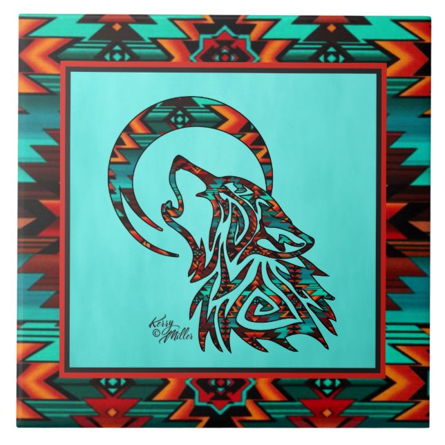 Tribal Varg Howling vid Måne Ceramic Tile Kakelplatta (Framsidan)