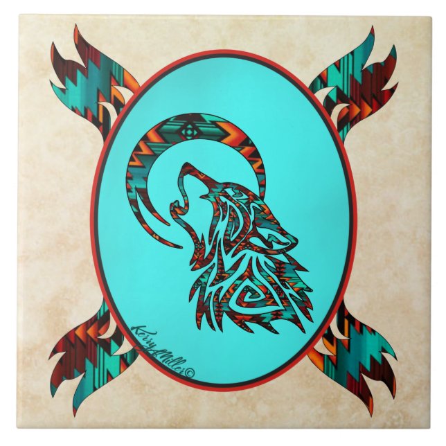 Tribal Varg Howling vid Måne Ceramic Tile Kakelplatta (Framsidan)