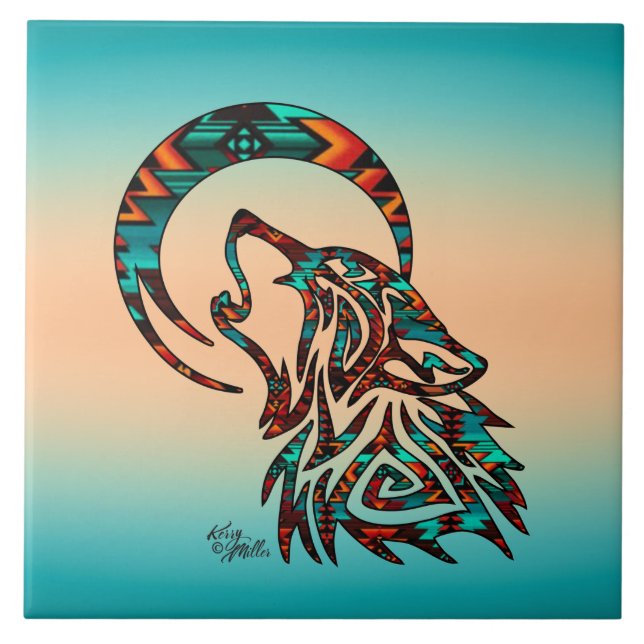 Tribal Varg Howling vid Måne Ceramic Tile Kakelplatta (Framsidan)