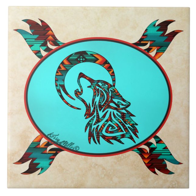 Tribal Varg Howling vid Måne Ceramic Tile Kakelplatta (Framsidan)