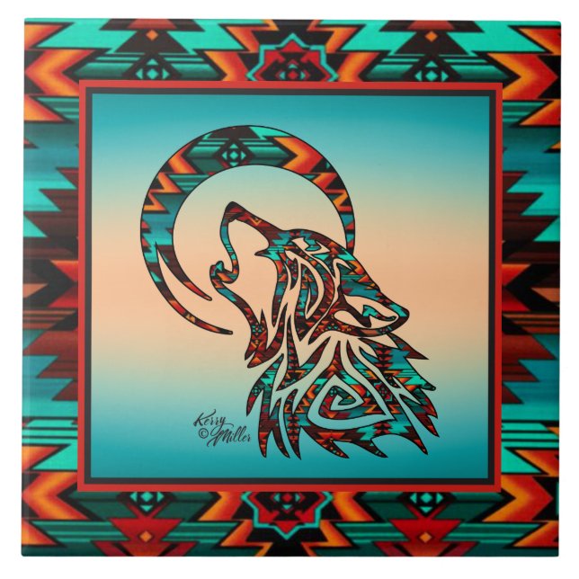 Tribal Varg Howling vid Måne Ceramic Tile Kakelplatta (Framsidan)