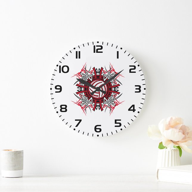 Tribal Volleyball Mandala Red and Black Sports Stor Klocka (Skapare uppladdad)