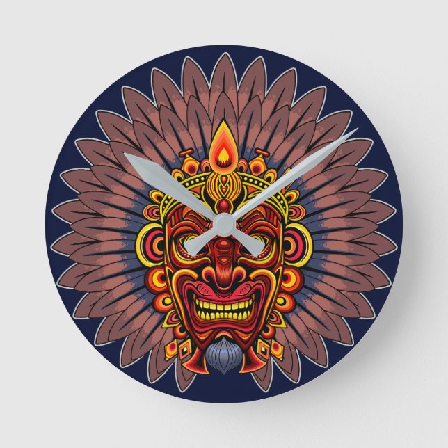 Tribal Warrior Kung Ritual Mask Rund Klocka (Framsida)