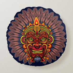 Tribal Warrior Kung Ritual Mask Rund Kudde