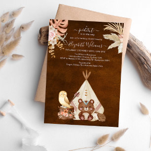 Tribal Watercolor Boho Flower Teepee Baby Shower Inbjudningar