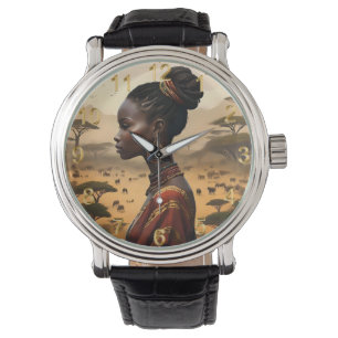 Tribal Woman tittar över sitt afrikanska landskap. Armbandsur