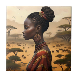 Tribal Woman tittar över sitt afrikanska landskap. Kakelplatta