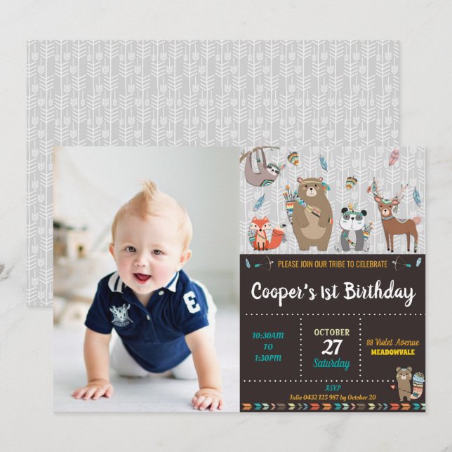 Tribal Woodland 1st Birthday Party Vild One Boy Inbjudningar (Fram/baksida)