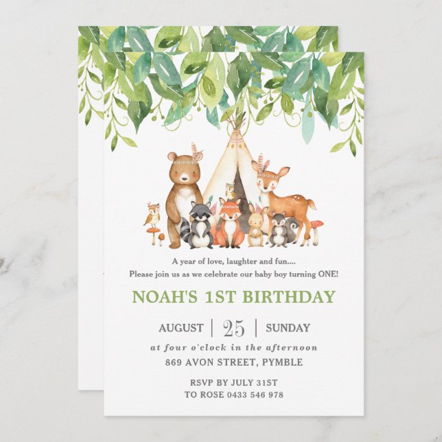 Tribal Woodland Animals 1st Birthday Greenery Inbjudningar (Fram/baksida)