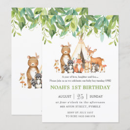 Tribal Woodland Animals 1st Birthday Greenery Inbjudningar