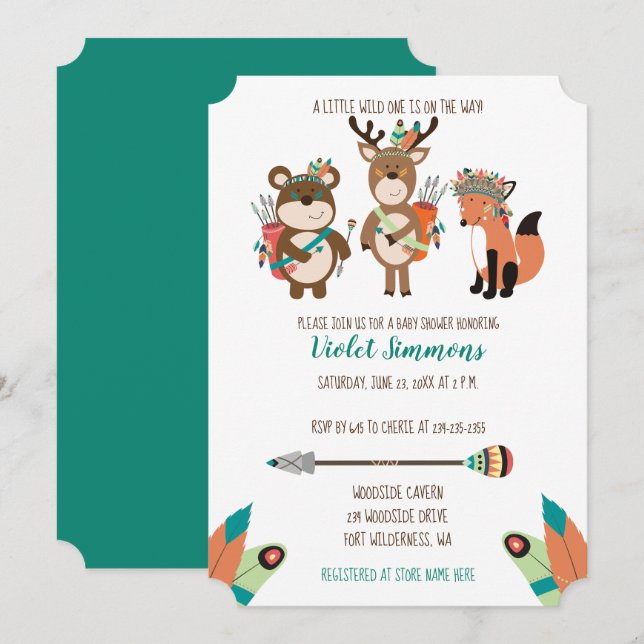 Tribal Woodland Animals Aqua Baby Shower Inbjudan (Fram/baksida)