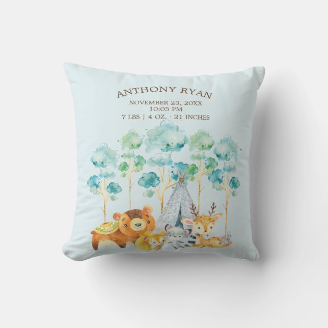 Tribal Woodland Animals Baby Birth Stats Pillow Kudde (Framsida)