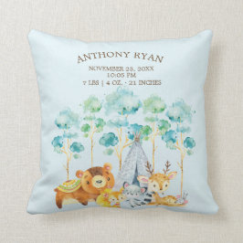 Tribal Woodland Animals Baby Birth Stats Pillow Kudde