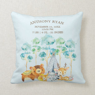 Tribal Woodland Animals Baby Birth Stats Pillow Kudde