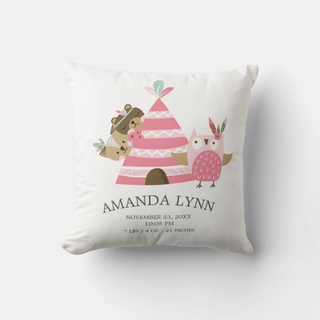 Tribal Woodland Animals Baby Birth Stats Pillow Kudde (Framsida)