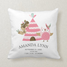 Tribal Woodland Animals Baby Birth Stats Pillow Kudde