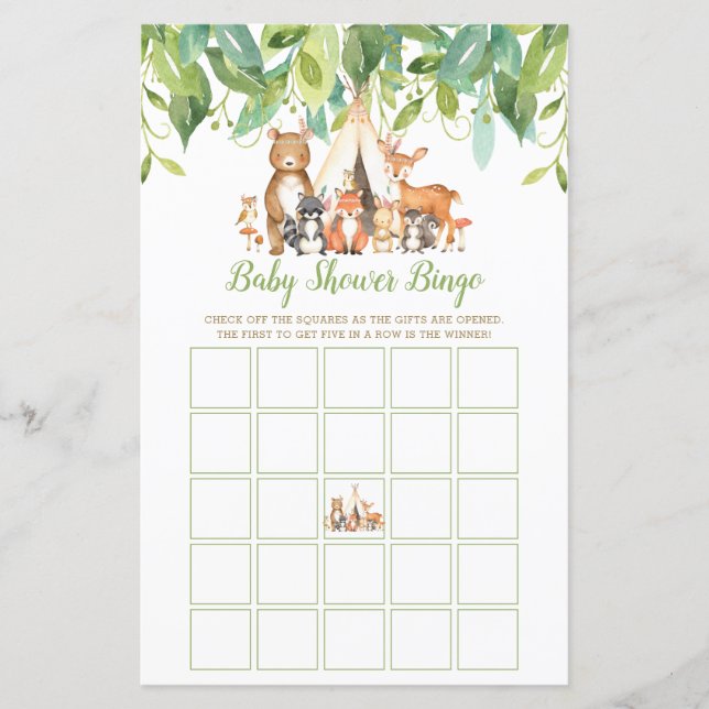 Tribal Woodland Animals Baby Shower Bingo Game (Framsida)